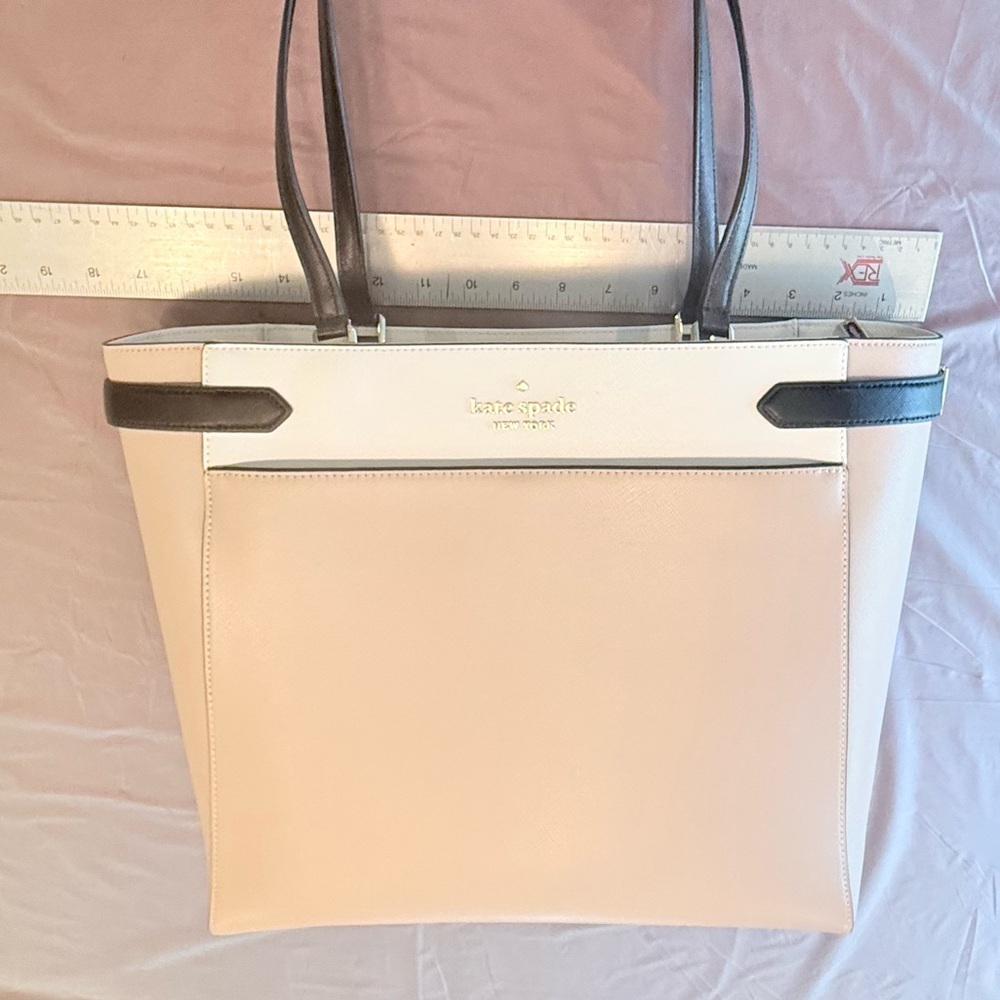 Kate Spade Saffiano Leather Colorblock Staci Laptop Large Tote Warm Beige $450 - Picture 14 of 16